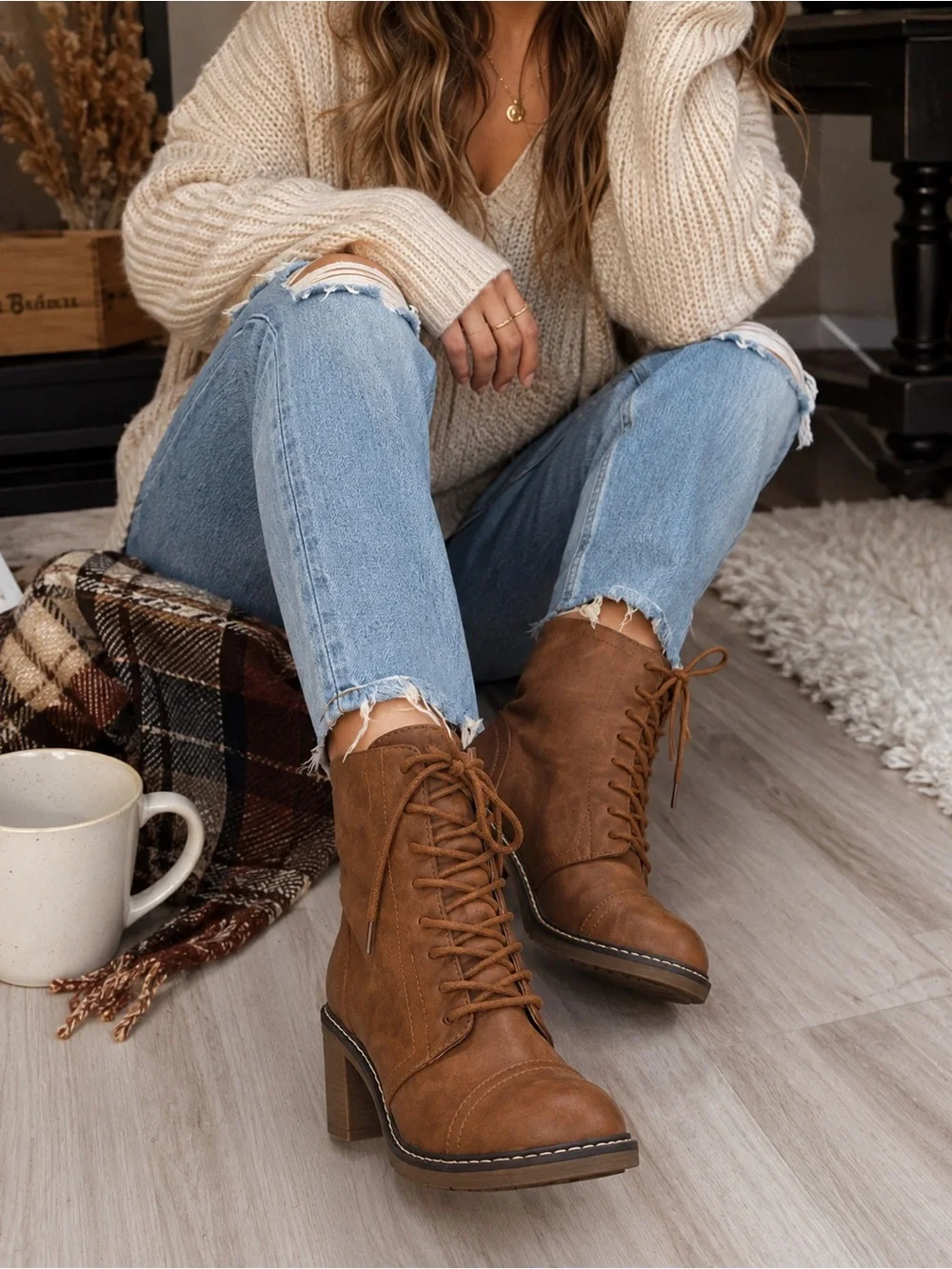 Olivia Miller Lace Up Ankle Booties Tan Brown Chunky Heel Side Zip Size 6